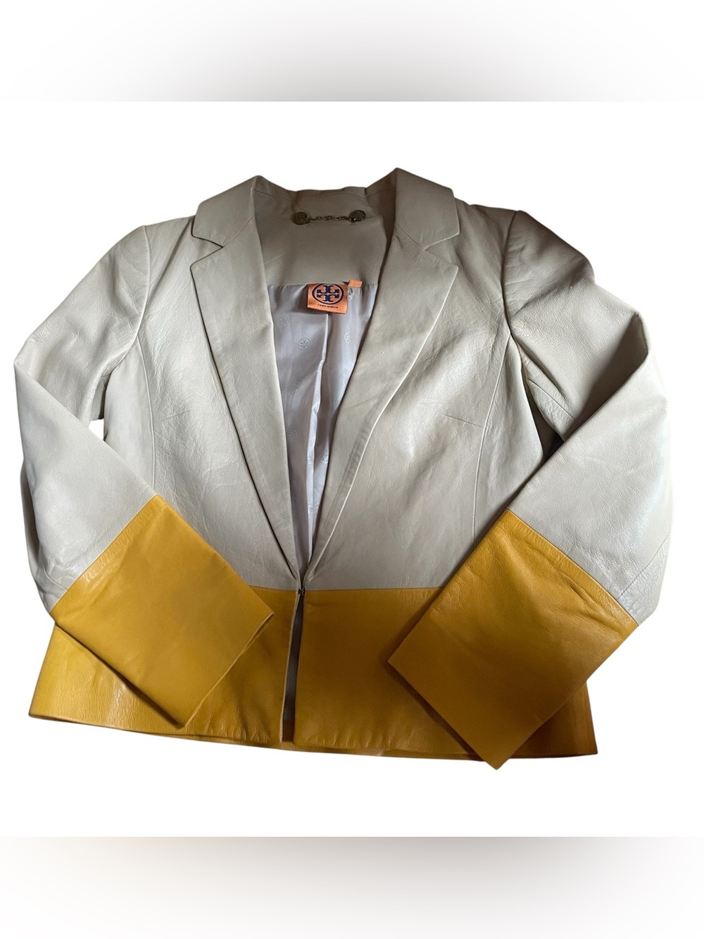 Tory Burch Cream and Yellow Leather Colorblock Blazer